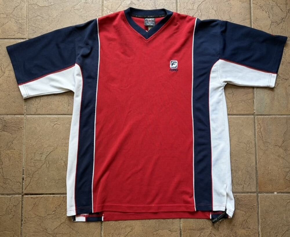 Y2K FUBU The Collection Colorblock V-Neck Jersey Shirt Mens Red Blue White